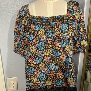 a.n.a Black Floral Square-Neck Puff Sleeve Top